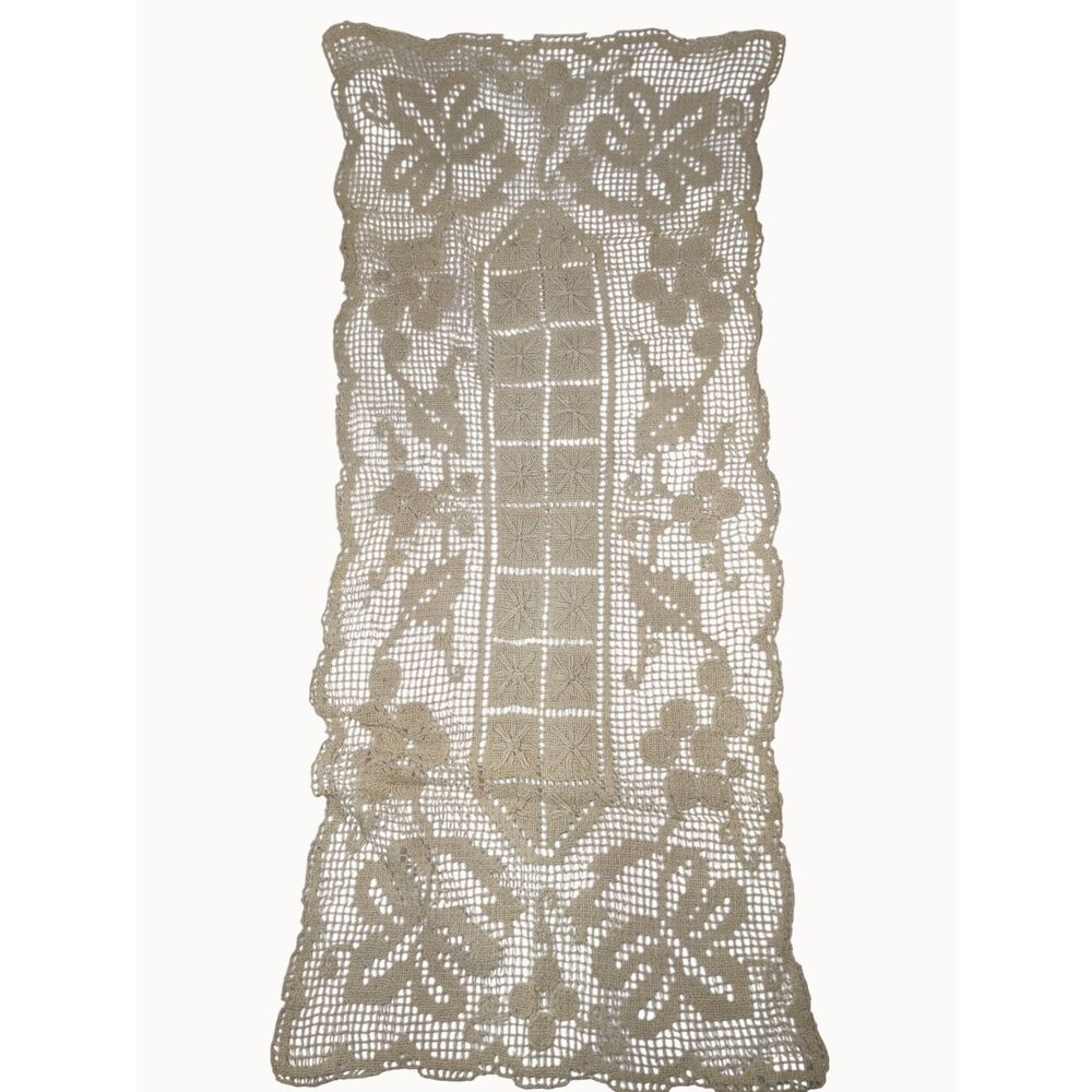 Vintage Filet Lace Table Runner Linens Grape & "X" Hand Knotted Piano Scarf '20s
